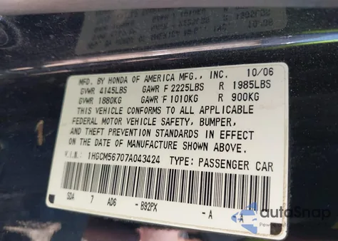 2007 Honda Accord 2.4 Ex from USA, damaged, VIN 1HGCM56707A043424